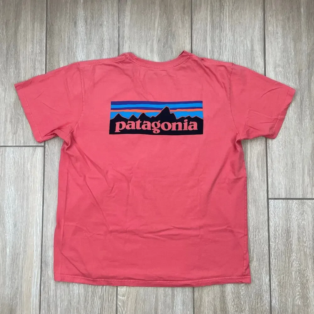 Patagonia P-6 Logo Pocket T Shirt Men's Large Coral Pink Organic Cotton Tee